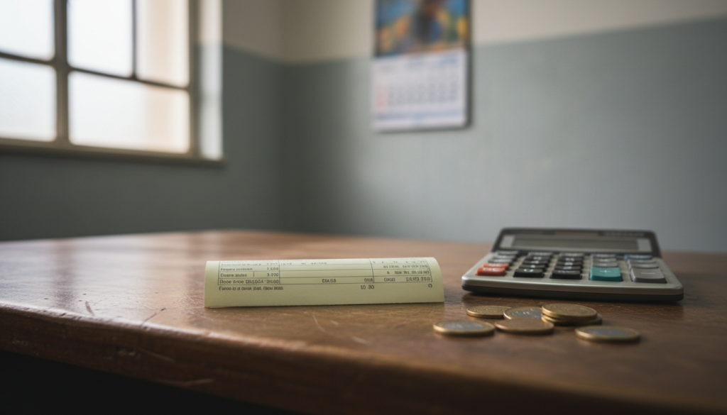 Imagem ilustrativa de contracheque e calculadora sobre mesa, em referência ao atraso de salários de servidores de Formosa