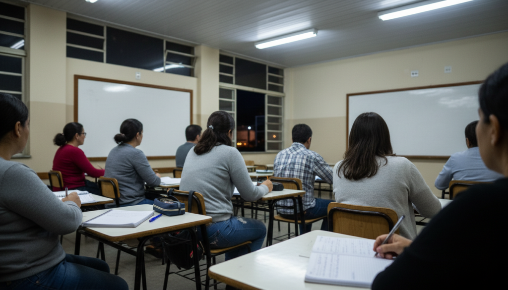 Alunos adultos, vistos de costas, assistem a aula noturna em sala de escola pública (imagem ilustrativa)
