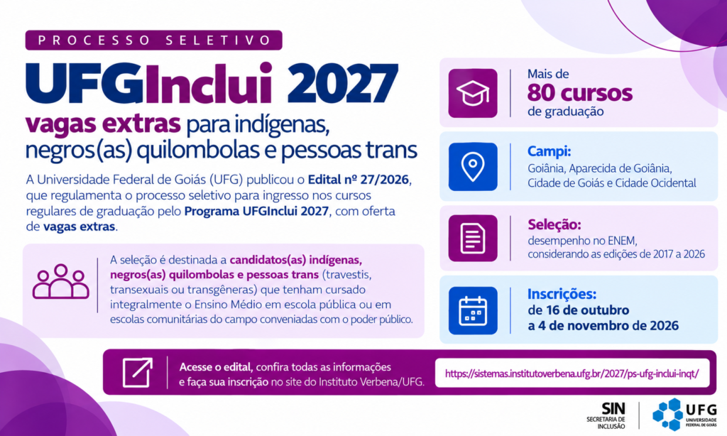 Cartaz do programa UFGInclui 2027 com prazo de inscrições e modalidades
