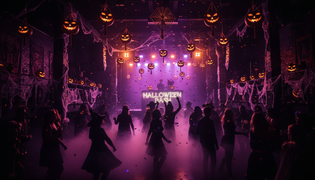 Festa de Halloween com luzes roxas e laranja, abóboras iluminadas e pessoas fantasiadas
