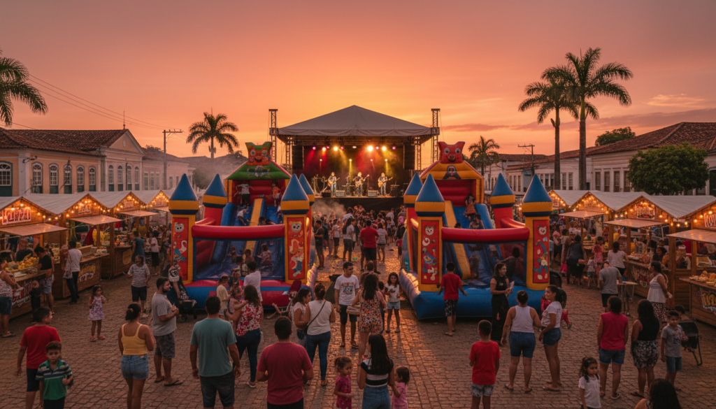 Festa gratuita ao ar livre em praça de bairro, com palco, famílias e brinquedos infláveis