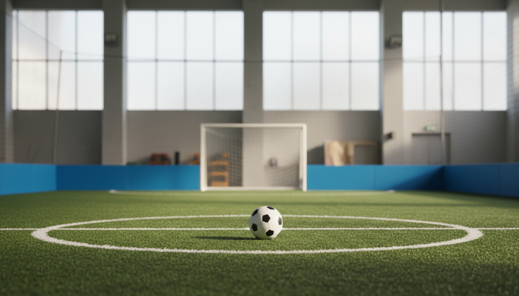 Campo de futebol de cegos com bola sonora e bandas laterais, ilustrando o Brasileiro de Futebol de Cegos