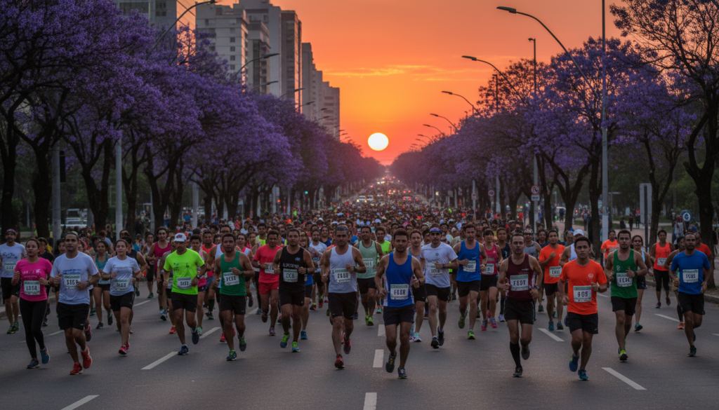 Corredores de rua em avenida ao amanhecer, com ipês floridos ao fundo