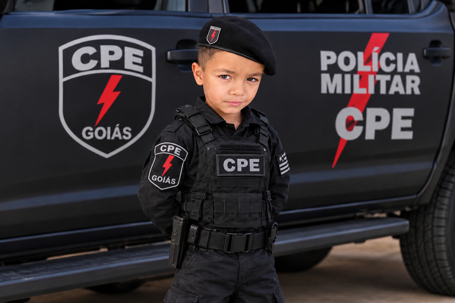Menino em uniforme tático diante da viatura