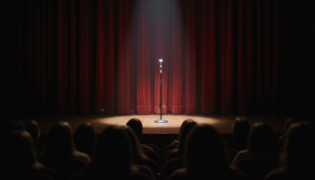 Microfone de stand-up iluminado em palco de teatro com cortina vermelha