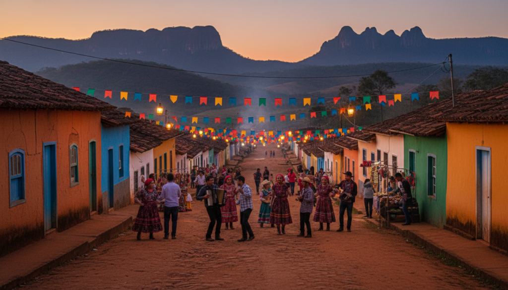 Rua de vila no cerrado enfeitada com bandeirinhas ao entardecer