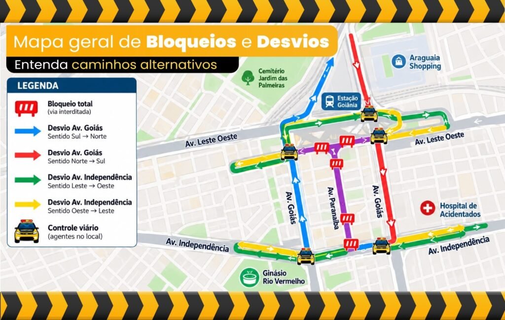 Mapa da SET com bloqueios e desvios no Centro de Goiânia durante o Festival Viva Goiânia