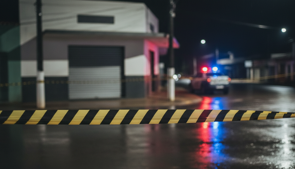 Fita de isolamento em frente a comércio de bebidas fechado à noite, com luzes de viatura ao fundo, ilustrando o assassinato de casal em Anápolis