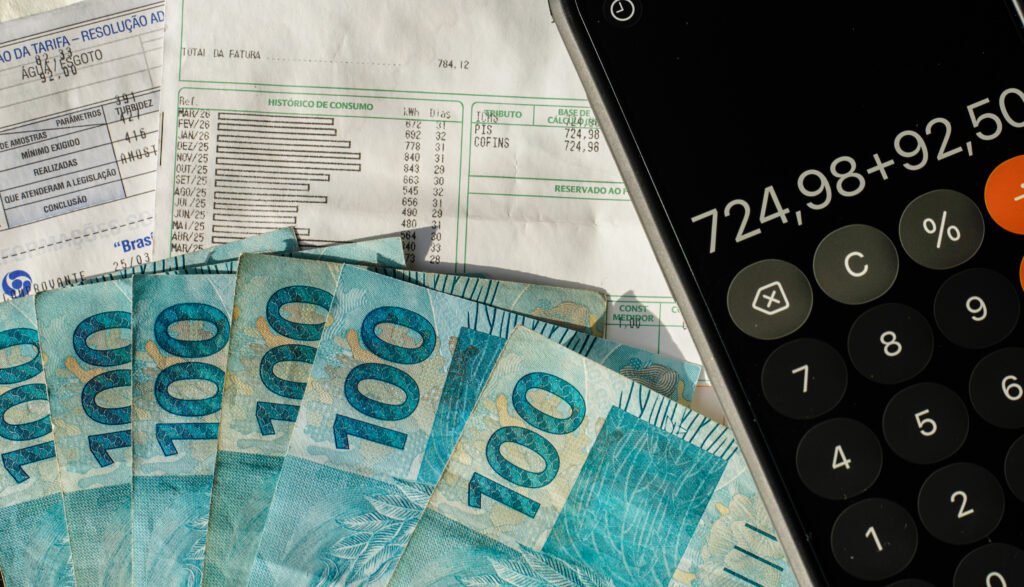 Cédulas de R$ 100, contas de luz e água e calculadora de celular, ilustrando a inflação projetada pelo Boletim Focus
