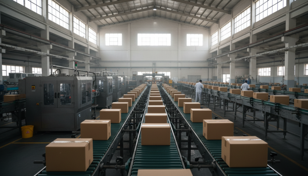 Linha de produção de fábrica com esteiras e caixas de papelão, ilustrando a confiança da indústria em Goiás