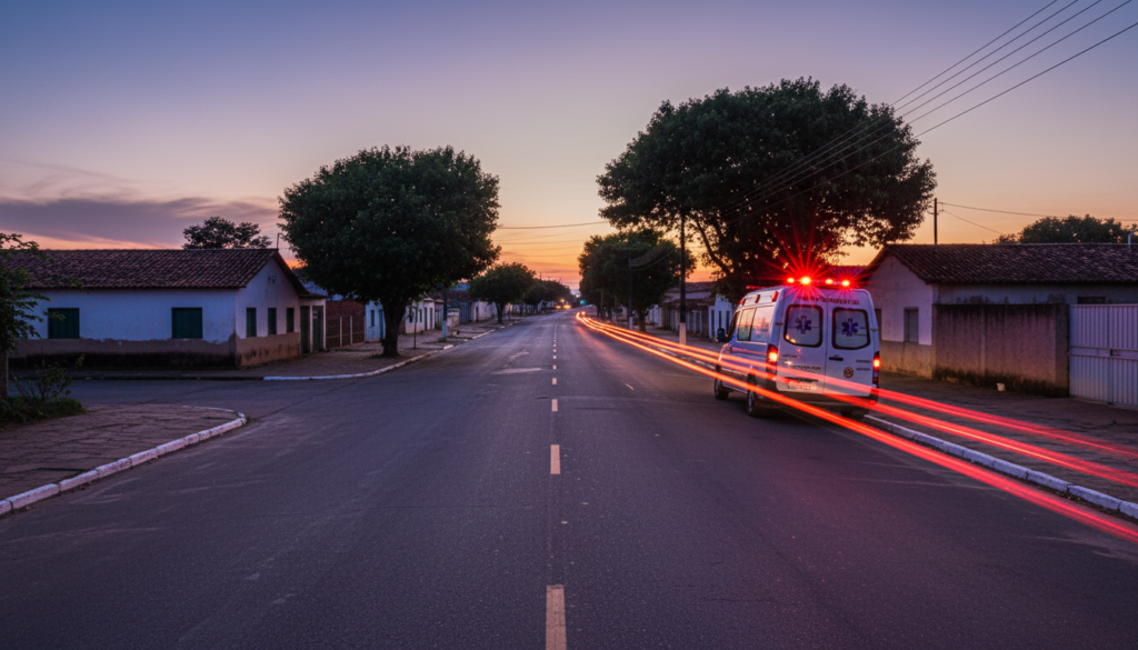 Ambulância com luzes de emergência acesas em rua de cidade do interior ao anoitecer, imagem ilustrativa sobre a morte de jovem em carreata em Goianésia