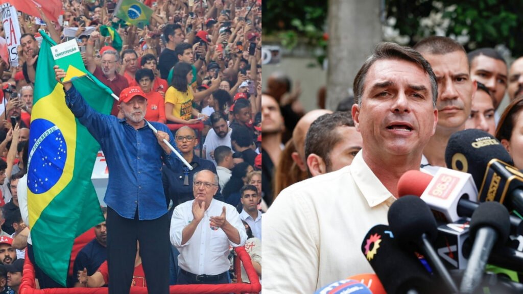 Montagem com Lula acenando com a bandeira do Brasil na Avenida Paulista e Flávio Bolsonaro falando à imprensa após votar em Vila Isabel, candidatos no segundo turno