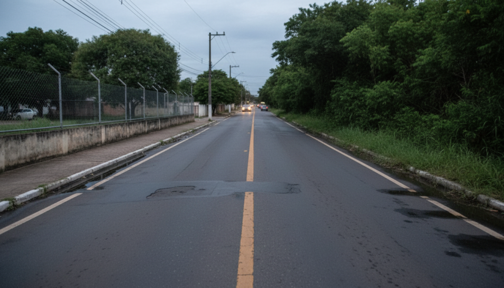 Rua estreita de mão dupla entre muro e mata ciliar, com poças de chuva, ilustrando a Rua da Divisa, no Setor Jaó, em Goiânia