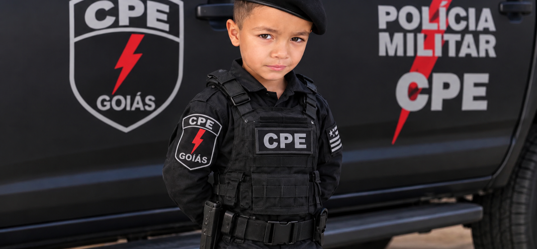 Menino em uniforme tático diante da viatura